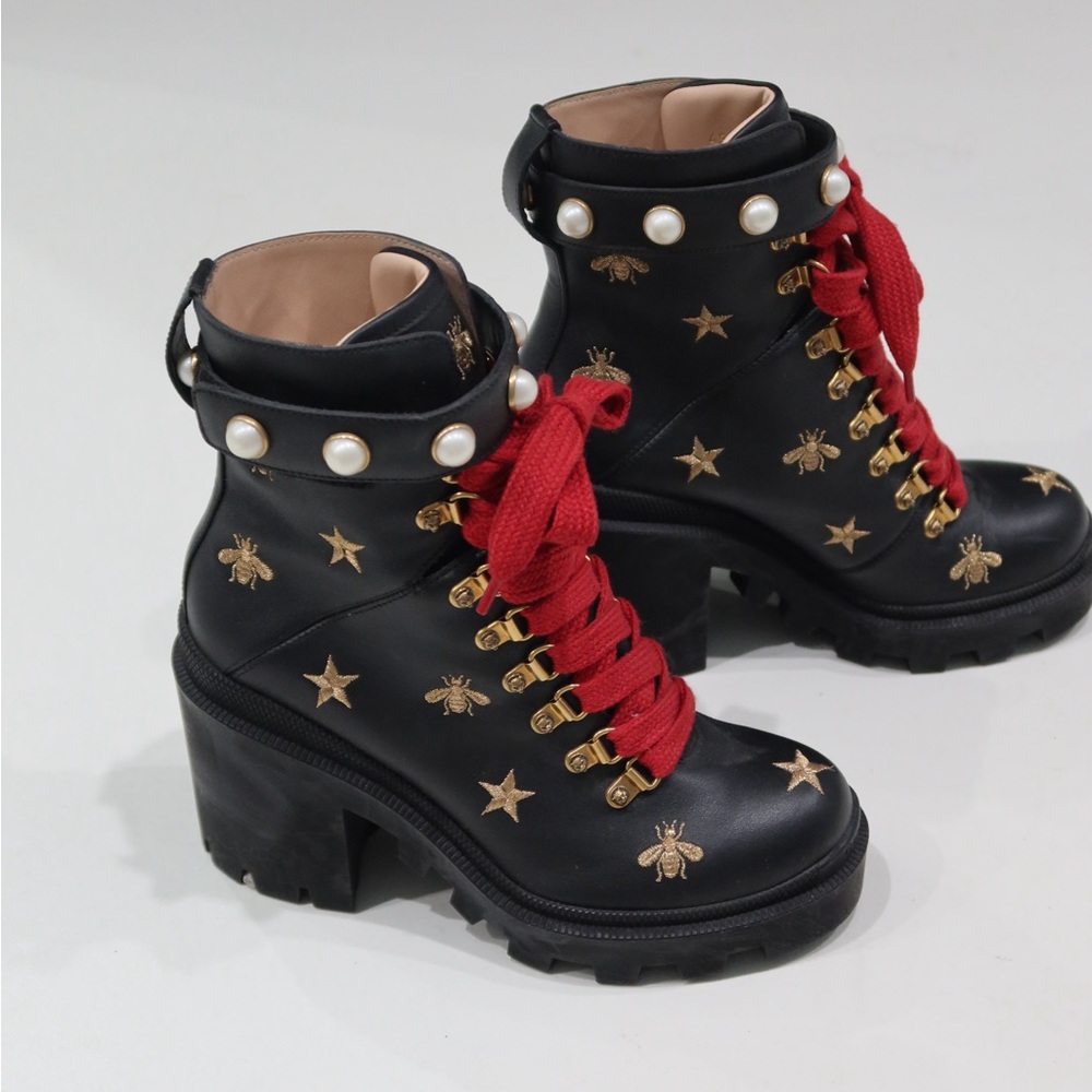 Gucci Women's Heeled Combat Ankle Boots Leather